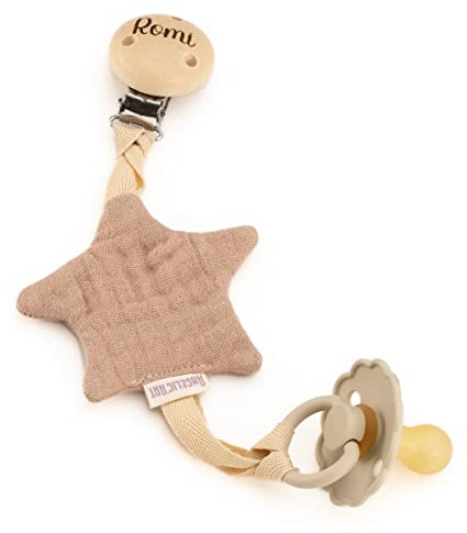 AngelicArt Schnullerhalter aus Musselin, Stern aus Musselinstoff/Baumwolle mit Befestigung für Nuckis mit Gravur (Natur-Stern)