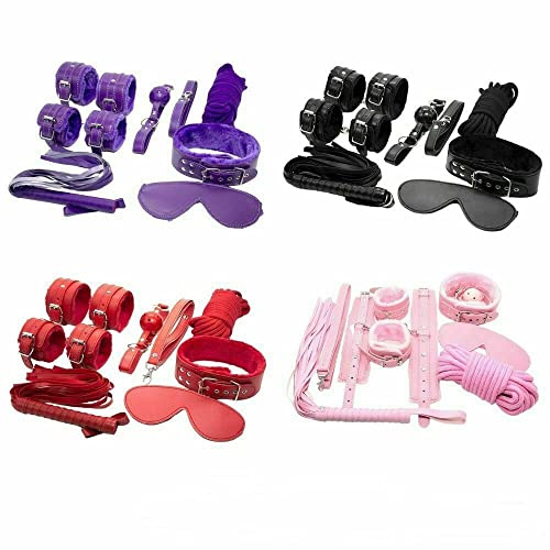 BDSM Bed Restraints for SM Bondage Romance Sex, 7 PCS Furry Leather Strap Restraint Sets with Kinky Handcuffs Ankle Nipple Whip Clamps Eye Mask Collar Adult Sex Toys for Couples/Women/Men (Purple)