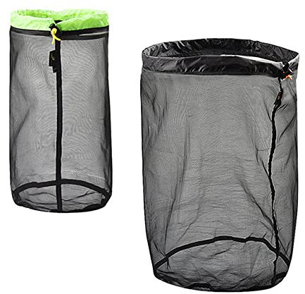 HLIWS Mesh Aufbewahrungstasche-2 Stück Draußen Kordelzug Netzbeutel,Ultraleicht Stuff Lagerung Sack,für Sport,Freizeit,Outdoor und Urlaub(Schwarz und grün L+Schwarz XXL)