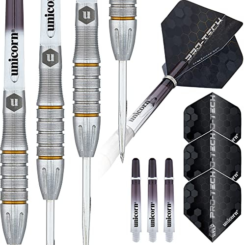 Unicorn Dartpfeile Set | Pro-Tech Style 5 | 90% natürliche Wolfram Barrels mit goldenen Akzenten & Volute Points | Stahlspitze | 23g