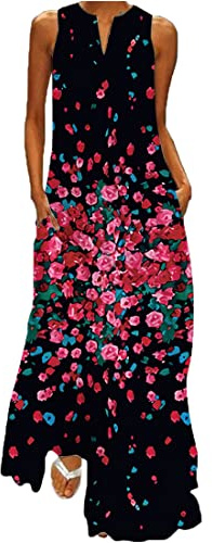 WINKEEY Damen Maxikleid Schmetterling Blumen Drucken V-Ausschnitt Böhmischer Plus Size Sommerlanges Kleid mit Taschen