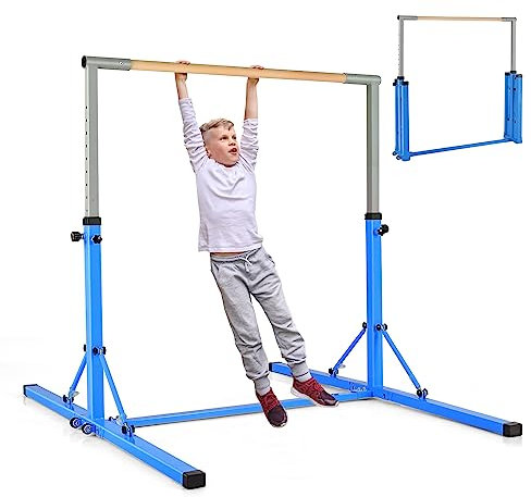 GOPLUS Barre d'Entraînement de Gymnastique Pliable Mobile, Barre Horizontale Hauteur Réglable de 90 à 150 CM, Capacité 100 KG, Bleu