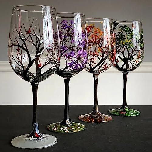 SSQ Vier-Jahreszeiten-Baum-Weingläser - Handbemalte Kunst-Stielgläser Mit Herbstblätter-Blumen-Motiv, Einzigartige Glastasse (4 Stück)