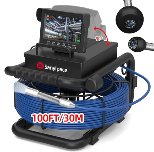 Sanyipace Sewer Camera 30m, 17mm Pipe Inspection Camera with Adjustable Light, DVR & Audio Recorder, 5600mAh Battery, 1000TVL Drain Borescope Plumbing, Included 32GB Card