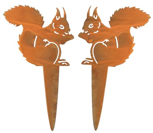 bowarepro 2 PCS Rost Eichhörnchen Figur Eichhörnchen Deko Metall Baumstecker Rost Edelrost Gartendeko Gartenfigur für Draußen Naturliebhaber Hof Hinterhof Garten Outdoor (12×21cm)