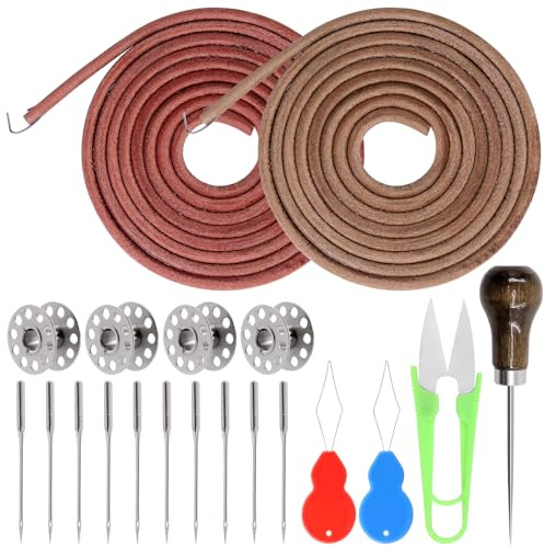 Tanstic 20Pcs Sewing Machine Belt Kit, 72 x 3/16 Inch Sewing Machine Leather Belt Treadle Parts with Hook, Sewing Bobbins, Needles & Threader, Awl, Scissor Compatible with Singer/Jones Sewing Machine