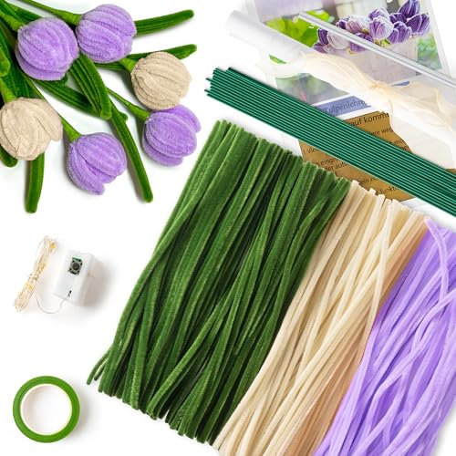 TirEurt 200pcs Tulip Pipe Cleaner Set, DIY Chenille Stems Tulip Bouquet Kit with String Light Florist Wire Tape Glue Stick Ribbon Wrapping Paper Fake Bouquet Artificial Flower for Wedding (Violet)