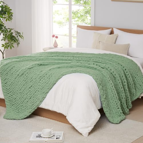 L'AGRATY Grobstrick-Decke: 203,3 x 228,6 cm, Chenille, grob gestrickte Überwurfdecke für Bett, Couch, handgefertigt, dick, große Zopfstrickdecke, große grobe Häkeldecke für Heimdekoration, Salbeigrün