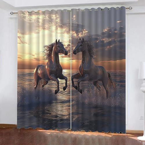 Generisch Gardinen Laufendes Pferd 2 Stück H 160Cm X B 70Cm,Vorhang Tier Blickdicht Ösen 2Er Set,Verdunklungsvorhänge Lichtundurchlässig Kinderzimmer,Kinder Vorhang Verdunkelung,B19