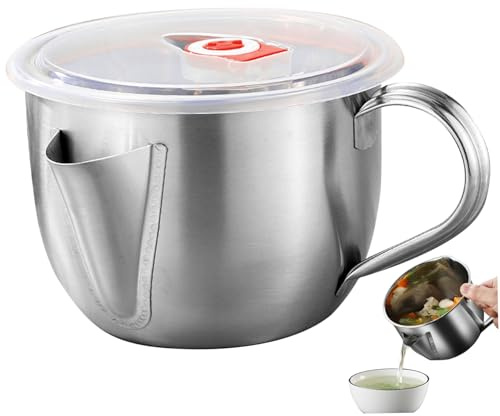 Veesper Jarra de separación de 1L Alimento Jarra de grasa de acero inoxidable con tapa y manejo 2 salidas de grasa de tocino para suministros de cocina