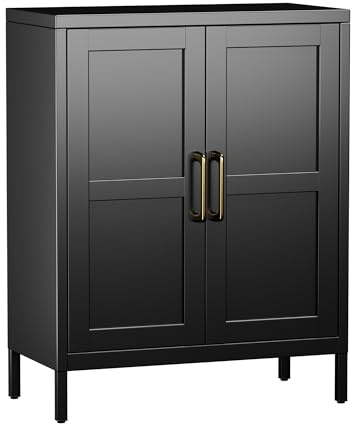Aobabo Metall-Büroschrank mit 2 Türen und 2 verstellbaren Regalen, 90 cm hoch, schwarzer Küchenschrank, 3-stöckige hohe Stahlschränke für Garage, Wohnzimmer, Büro, Montage erforderlich