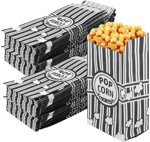 CHUENKUK 300 Stück Popcorntüten, Popcorn Tüten Klein, Popcorntüten im Vintage-Retro-Stil, Ölbeständige Beschichtung, Schwarz-Weiß Gestreift, 21 x 9 x 6 cm