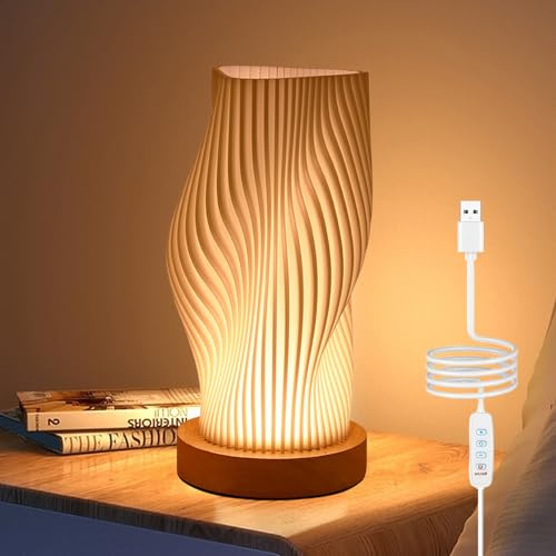 GOMETY Nachttischlampe mit Holzsockel, 9-stufig dimmbare Minimalistische Tischleuchte mit PLA-Lampenschirm, drehbar für Wohnzimmer & Schlafzimmer,_USB-stromversorgung, langlebig und sicher