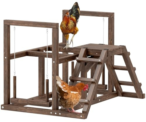 PawHut Hühner Spielgerüst aus Holz mit Sitzstangen für 3 Hühner Braun | Spielplatz für Hühner, Schaukel, Leiter, Plattformen, Hühner Klettergerüst, Hühnerspielzeug, Hühnerstall
