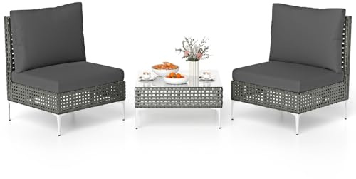 COSTWAY Conjunto Jardin Exterior 5 Piezas de Ratan PE, 1 Sillon de 2 Plazas, 2 Sofas, Mesa de Café de Cristal Templado, Cojines de Asiento y Respaldo, Mesa y Sillas Jardin Terraza Balcon (3 Piezas)