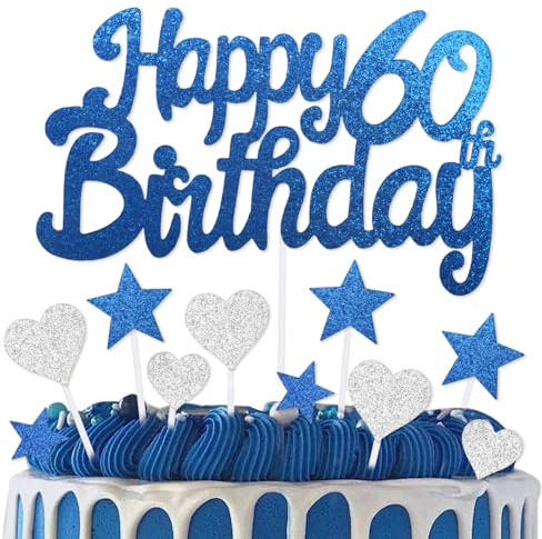 mciskin 60th Birthday Cake Topper,60th Birthday Decorations for Men Women,Royal Blue Cake Decorations,Personalised Cupcake Toppers with Heart Star for Girl Boy Women Men Birthday Party Supplies