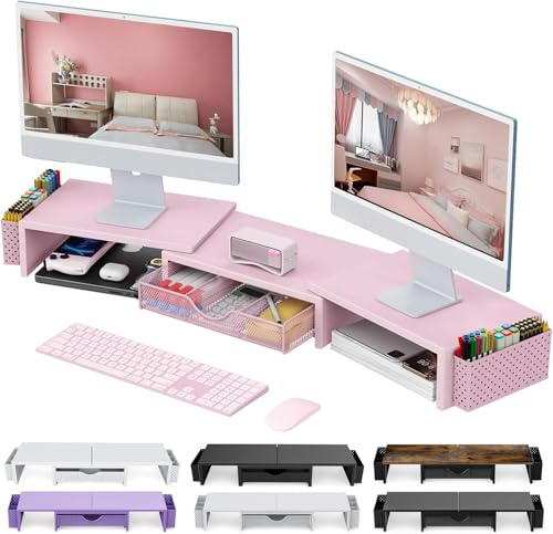 Pygocereri Support élévateur pour double moniteur, accessoires de bureau en métal avec tiroir et 2 porte-stylos, longueur et angle réglables - Support de moniteur d'ordinateur pour écran, ordinateur
