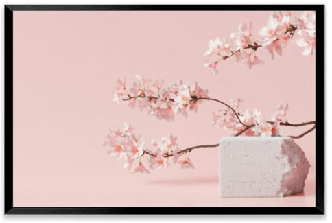 White stone podium Cosmetic display stand blossom flowers pink Black Framed Canvas Wall Art for Living Room Bedroom Kitchen Bathroom Prints Pictures Wall Decor Posters Painting Artwork 16x24