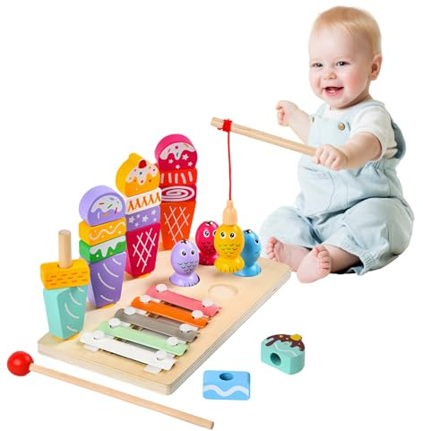 Wenosda Montessori Giocattoli a partire dai 3 anni ,3 in 1 multifunzionale in legno giocattolo magnetico da pesca xilofono, giocattolo educativo per bambini