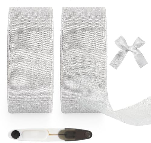Organzaband Silber 40mm Breit, 44 Meter, Glitzer Geschenkband für Weihnachten, Geschenkverpackung, Bastelarbeiten, Geburtstag, Taufe, Hochzeit