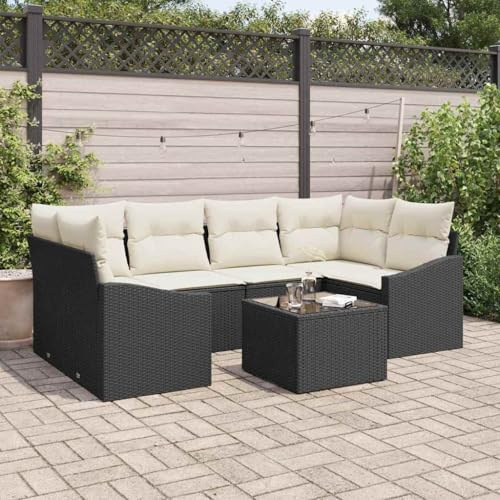 Hoopleep Garten Loungeset Poly Rattan Schwarz, Creme, 7-teilig, modulares Sofa mit Kissen, höhenverstellbarer Tisch für Terrasse, Außenbereich, UV-beständig, wetterfest