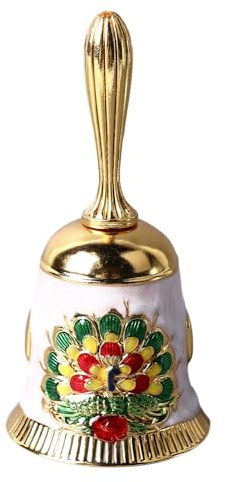 Handklocka Vintage Mässing Antik Utsökt snidat mönster Hand Ring Bell HandKlocka till middag Bröllopsfest Familjeskola (Gold with Colorful White)