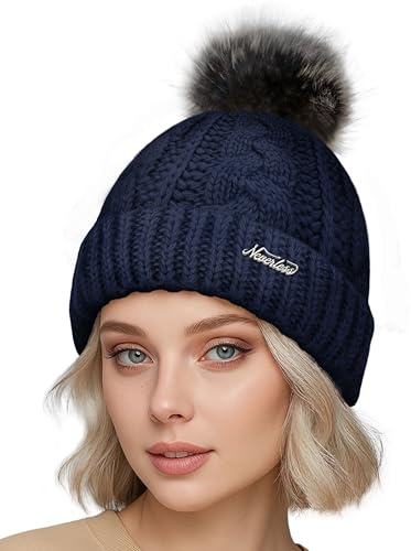Neverless® Damen Strickmütze mit Pompom Zopfstrickmuster Bommelmütze gefüttert mit Fleece Wintermütze Model 1979