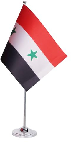 AZ FLAG Tischflagge Syrien 22x15 cm Tischfahne Syrische Satin Metallsockel
