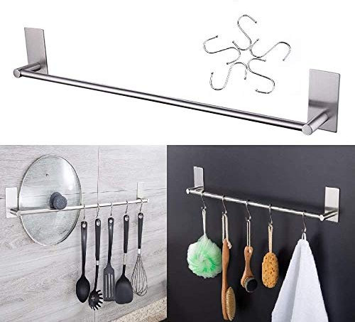 Handtuchhalter 5Haken ohne Bohren Küchenreling Hängeleiste Selbstklebender Handtuchhalter Bad und Küche Ohne Bohren Edelstahl 40 cm (2)
