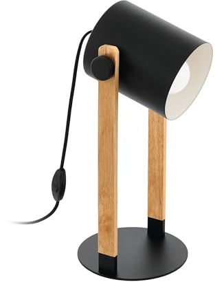 EGLO Tischlampe Hornwood 1 flammige Vintage Tischleuchte | im Industrial Design, Retro Nachttischlampe aus Stahl und Holz, Farbe: Schwarz, creme, braun, Fassung: E27, inkl. Schalter