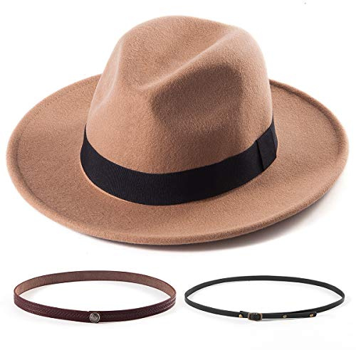 LADYBRO Fedora Hat for Women Wide Brim Floppy Panama with 3 Decor Belts (Khaki, 22-7/8)