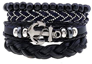 MiniJewelry Anchor Black Braided Leather Wrap Bracelet for Men Women Adjustable 4PCs