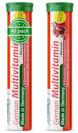 T&D German Multvitamin + Minerals 10 Vitamins 2 Minerals - 40 Vegan Drink Effervescent Tablets - Pomegranate Flavor - Made in Germany