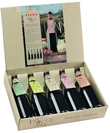 Toso S.p.a Confezione Fiocco di Vite (5 x 0.75cl): Vino Bianco Moscato d'Asti DOCG, Piemonte frizzante DOC, Prosecco frizzante DOC, Vino Rosso Piemonte Barbera frizzante DOC, Bonarda dell'Oltrepo DOC