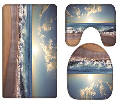 A.Monamour Badezimmer Badematte 3 Teilig Set Meer Sonnenuntergang Ozean Wellen Sandstrand Landschaft Flanell WC Toilette Deckel Deckt Bad Matte Teppich Badteppiche Badvorleger Badgarnitur Vorleger