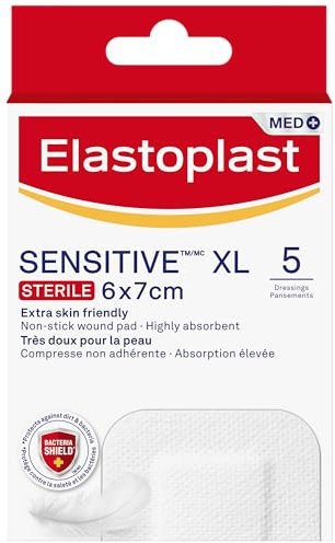 Elastoplast Sensitive XL Med+ Dressings (5 Strips), Pack of First Aid Plasters, Large Everyday use for Post-Operative Wounds, Skin-Friendly Sterile Dressings for Wounds, 0% Latex, White