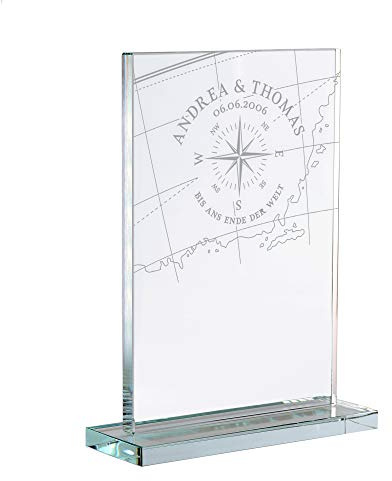 Casa Vivente Glaspokal mit Gravur für Paare, Motiv Kompass, Personalisiert mit Wunschnamen, Design-Artikel für die Wohnung oder im Büro, Hochzeitsgeschenk