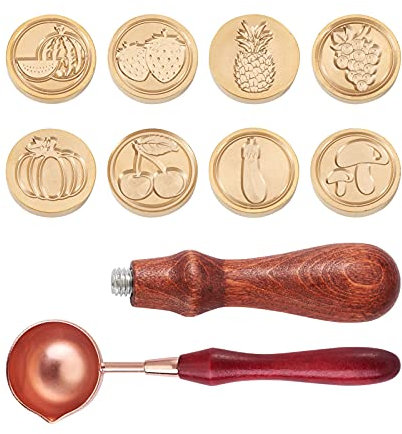 PandaHall Wachssiegel-Stempel-Set mit 8 Stück 25 mm Obst- und Gemüse-Stempelkopf und 1 Holzgriff und 1 Wachsschmelzlöffel für Geschenkumschläge, Einladungen, Hochzeitskarten, Dekoration
