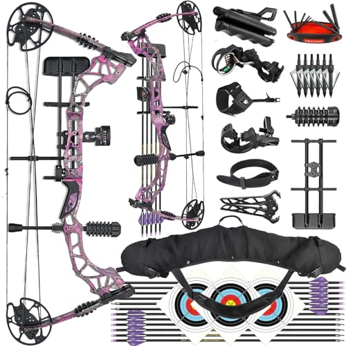 ZSHJGJR Compoundbogen Set mit Zubehör für Bogenschießen Compoundbogen Bogen und Pfeil Set Erwachsener 35-70lbs Einstellbarer Jagd Jagdbogen Sportbogen Rechtshand (Lila - Set 2)