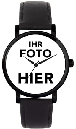 Toff London Personalisierte Fotogeschenke für Frauen, Analoganzeige, Uhr mit japanischem Quarzwerk und schwarzem Gehäuse, individuell gefertigte Uhr mit Gravur
