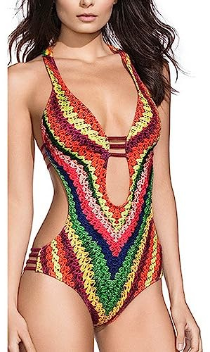 SoLu DAY8 Monokini Serpent Col en V Dos Nu Maillots De Bain Femme 1 Piece Monokini Femme Sexy Trikini Maillot De Bain Maillots Une Pièce Natation Beachwear Swimwear Plage (Multicolore, S)