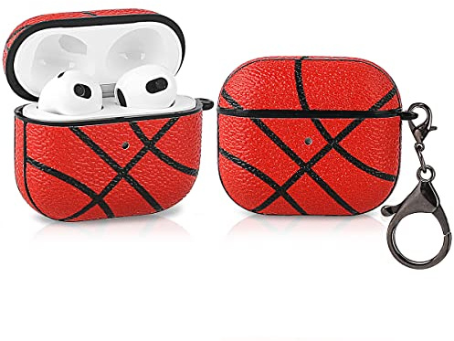 Derhom Silicone Case Funny Cute Fashion Soft Cartoon Cover Skin Compatible for Apple Airpods 3 [Leather Series] (Basketball)