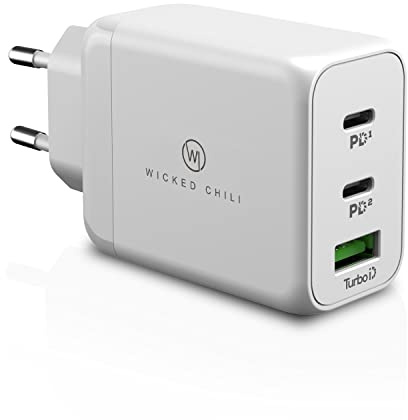 Wicked Chili 65W USB-C GaN Ladegerät, 3-Port Netzteil mit Dual USB-C | und USB-A Anschluss, kompatibel mit Microsoft Surface Laptop, Surface Book, Surface Go, Surface Pro, Notebook, Handy und