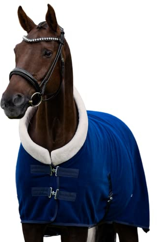 EQUILYX® Abschwitzdecke Pferd mit Teddy-Kragen und abnehmbaren Kreuzgurten [perfekte Passform] Fleecedecke Stalldecke Transportdecke wärmend feuchtigkeitsabsorbierend atmungsaktiv (Royalblau, 135cm)