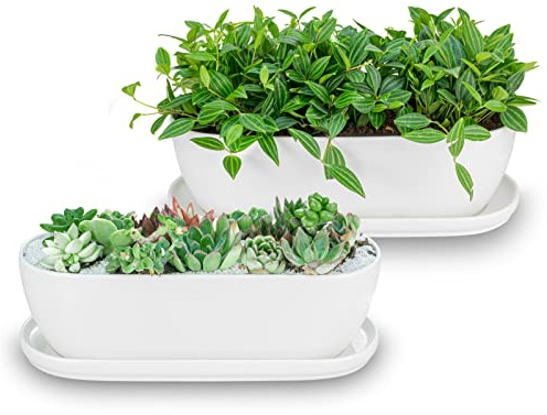 E-liu Ceramic Plant Pots, 11+14 inch, Set of 2, Planters with Drainage Holes Saucers and Mesh Pads, Indoor Flower Succulent Pot with Hole Mesh Pad, Gifts for Mom, Plants Not Included