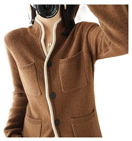 Dam 100 % kashmir tröja höst/vinter ståkrage cardigan ledig stickad toppar jacka (färg: CARAMEL färg, storlek: L )