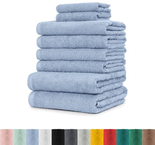 BaSaTex 8er Pack Handtuch Komplett-Set Handtücher Frottee Öko-Tex | Frottee-Handtücher mit Aufhängeschlaufe, 2x Duschtuch, 2x Gästetuch, Premium Gästetücher Öko-Tex Standard 100, Rauchblau
