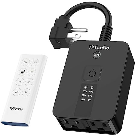 TiFFCOFiO Outdoor Timer Waterproof, Remote Control Dusk to Dawn Sensor, 2 Grouded Electrical Outlets for Lights,15A 1875W, ETL Listed