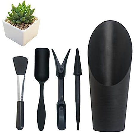 LuckyOpt 5 Stück Mini Gartenwerkzeug mit Reinigungsbürste, Sukkulenten Garten Werkzeug für Garten und Haus Bepflanzung, Indoor-und Outdoor-Pflanzenpflege (Schwarz)