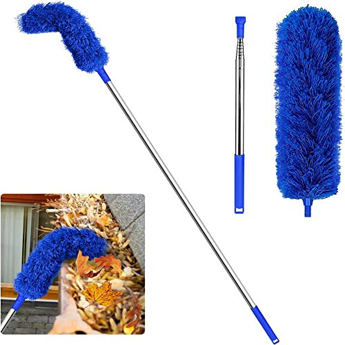 Qutsvosh Gutter Cleaning Brush Roofing Tool with Telescopic Extendable Pole 8.2Ft Guard Cleaner Tool Easy Remove Leave, blue